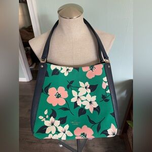 Kate Spade Leila Medium Green Lily Blooms Leather Three Compartment Shoulder Bag